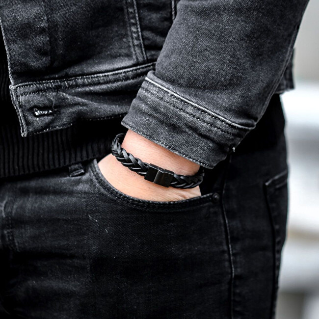 Rebel&Rose Černý kožený náramek Braided Black Black RR-M0026-B