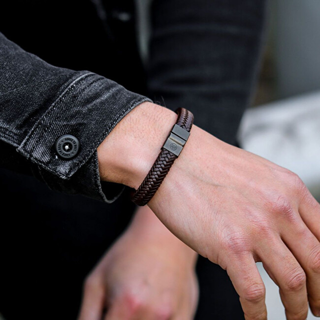 Rebel&Rose Hnědý kožený náramek Herringbone Brown Black RR-M0023-B