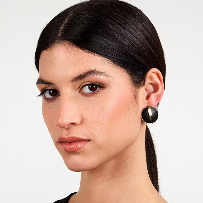 Trussardi Jedinečné pozlacené náušnice s černou kůží T-Round TJAYF01