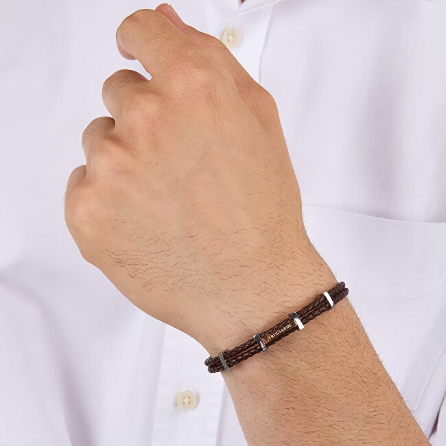 Trussardi Pánský náramek z pletené hnědé kůže T-Leather TJAXZ12