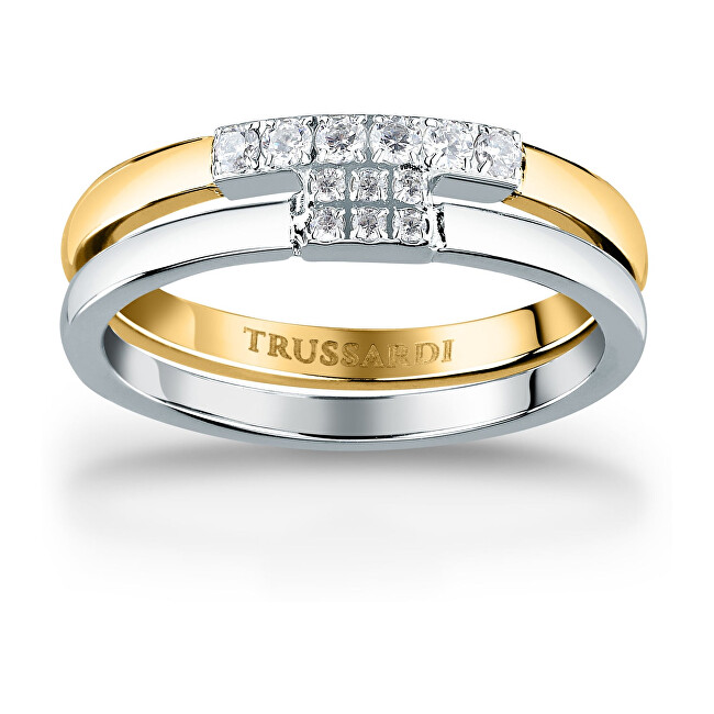 Trussardi Krásný bicolor prsten z oceli se zirkony T-Logo TJAXC41