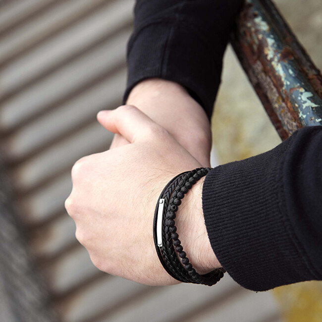 Troli Dizajnový kožený náramok s lávovými kameňmi Leather čierna, strieborná