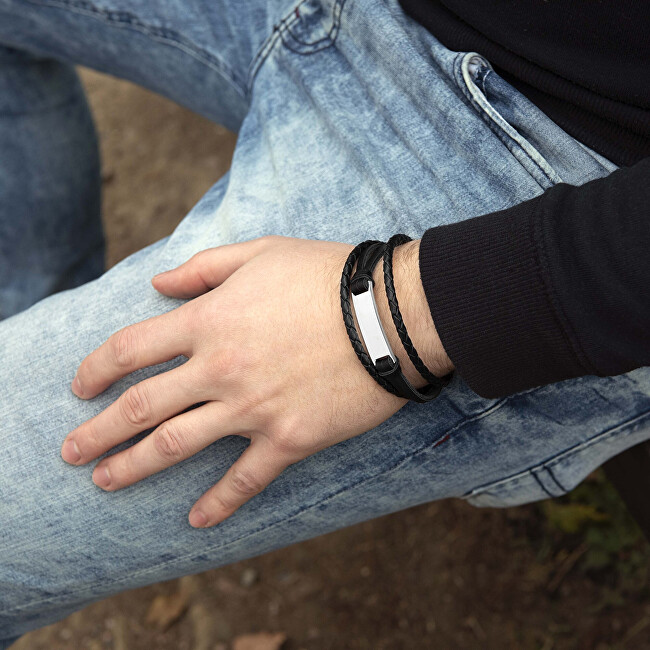 Troli Moderní černý náramek pro muže Leather VPH1301A