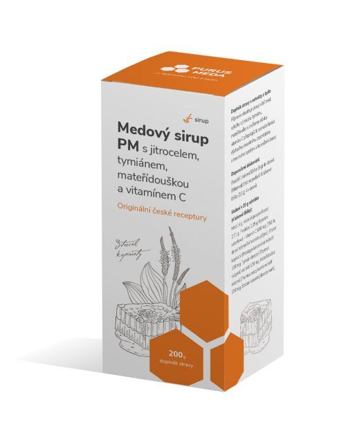 Purus Meda Medový sirup PM s jitrocelem, tymiánem, mateřídouškou a vitamínem C 200 g