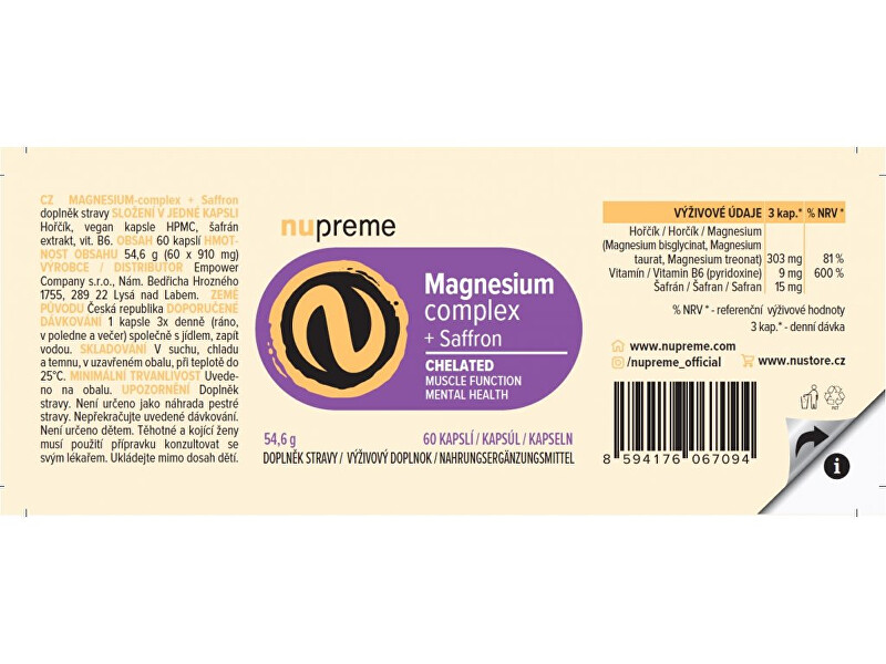 Magnesium + šafrán chelát 60 kapslí