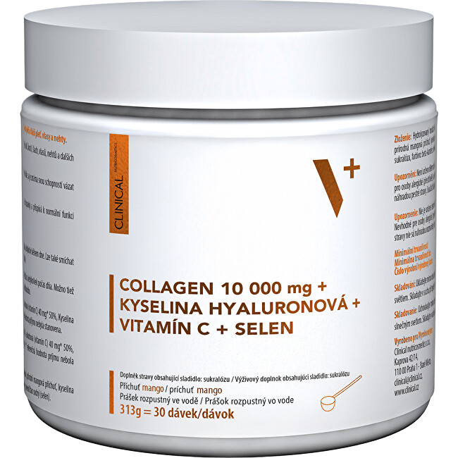 Clinical Collagen 10 000 mg + kyselina hyaluronová + vitamin C + selen - Mango 313 g <p>Hydrolyzovaný hovězí kolagen typu I - III , kyselina L–askorbová (vitamín C), Kyselina hyaluronová, selen, kyselina citrónová, sukralóza, B–karoten, přírodní mango pří