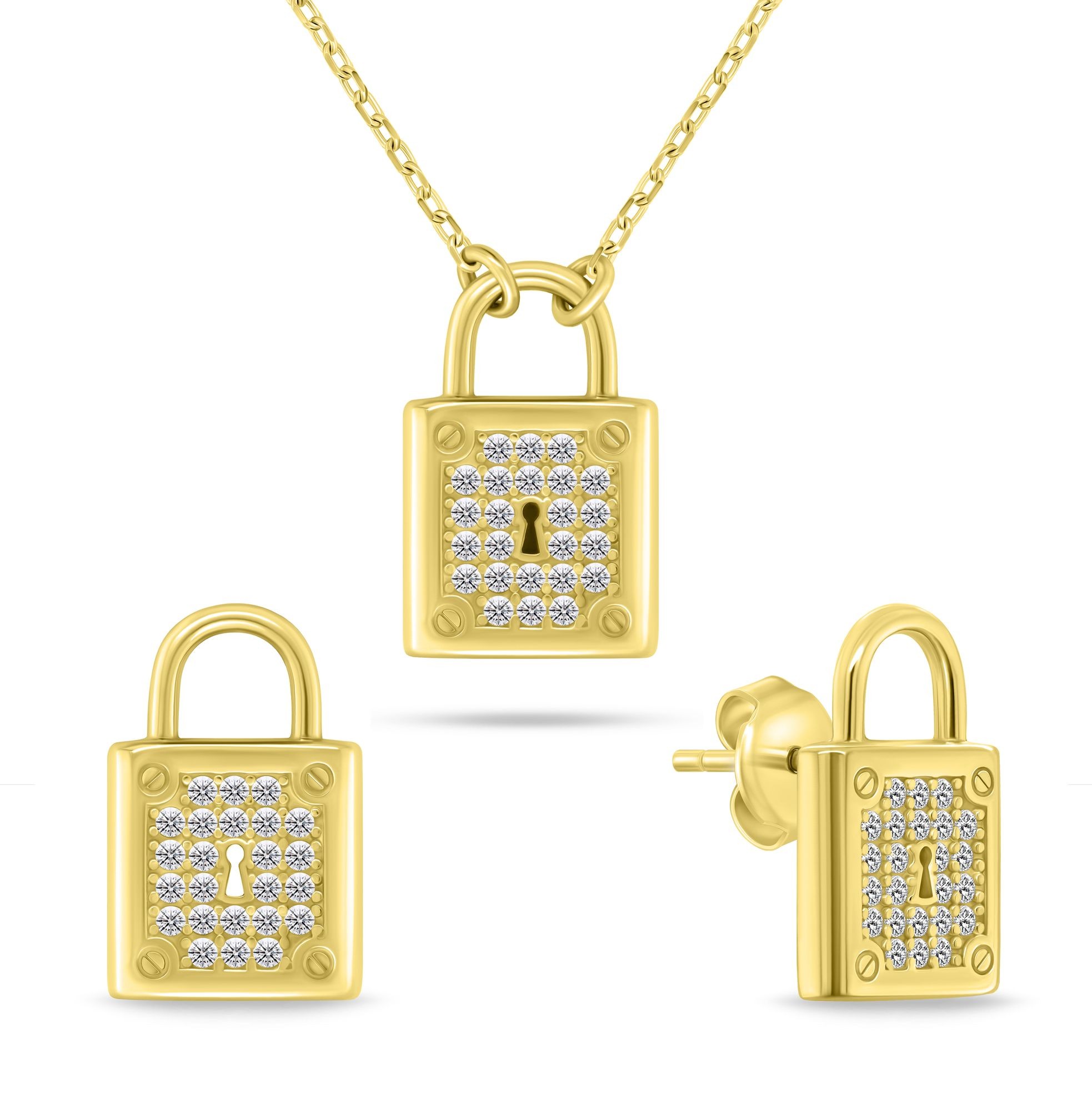 Pozlátený set šperkov so zirkónmi Visiaci zámok SET281Y (náhrdelník, náušnice)