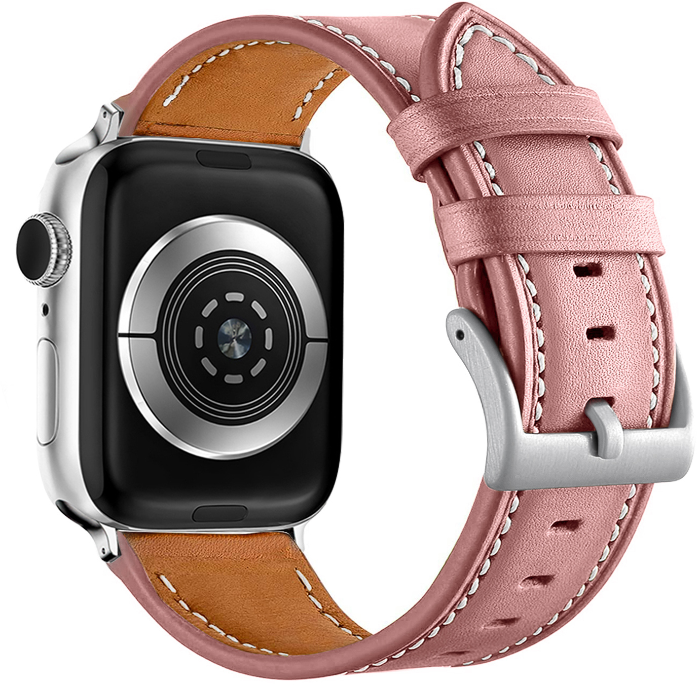 4wrist Kožený řemínek s bílým prošíváním pro Apple Watch - Pink 42/44/45/49 mm