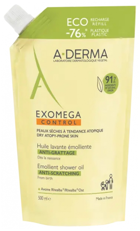 A-DERMA Utántöltő bőrpuhító zuhanyolajhoz száraz, atópiás ekcémára hajlamos bőrre Exomega Control (Emollient Shower Oil) 500 ml akciós termékkép 1