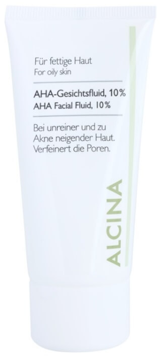ALCINA For Oily Skin AHA Facial Fluid, 10% 50 ml nočný pleťový krém na mastnú pleť; na pigmentové škvrny; proti vráskam; na problematickú pleť s akné