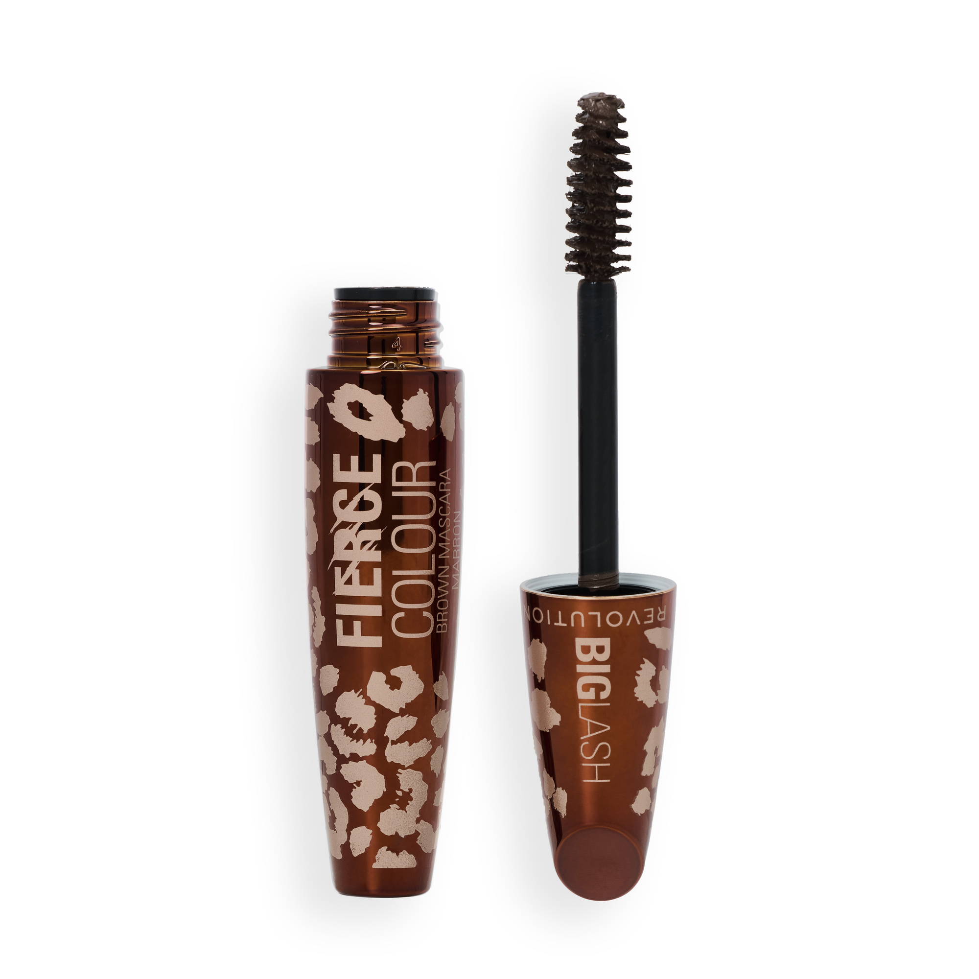 Mascara Revolution Řasenka Big Lash Fierce Colour Brown na černém pozadí