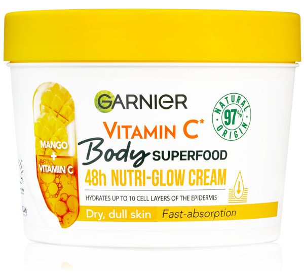 Garnier Body Superfood 48h Nutri-Glow Cream Vitamin C 380 ml telový krém W výživa a regenerácia pleti; na rozjasnenie pleti; na dehydratovanu pleť
