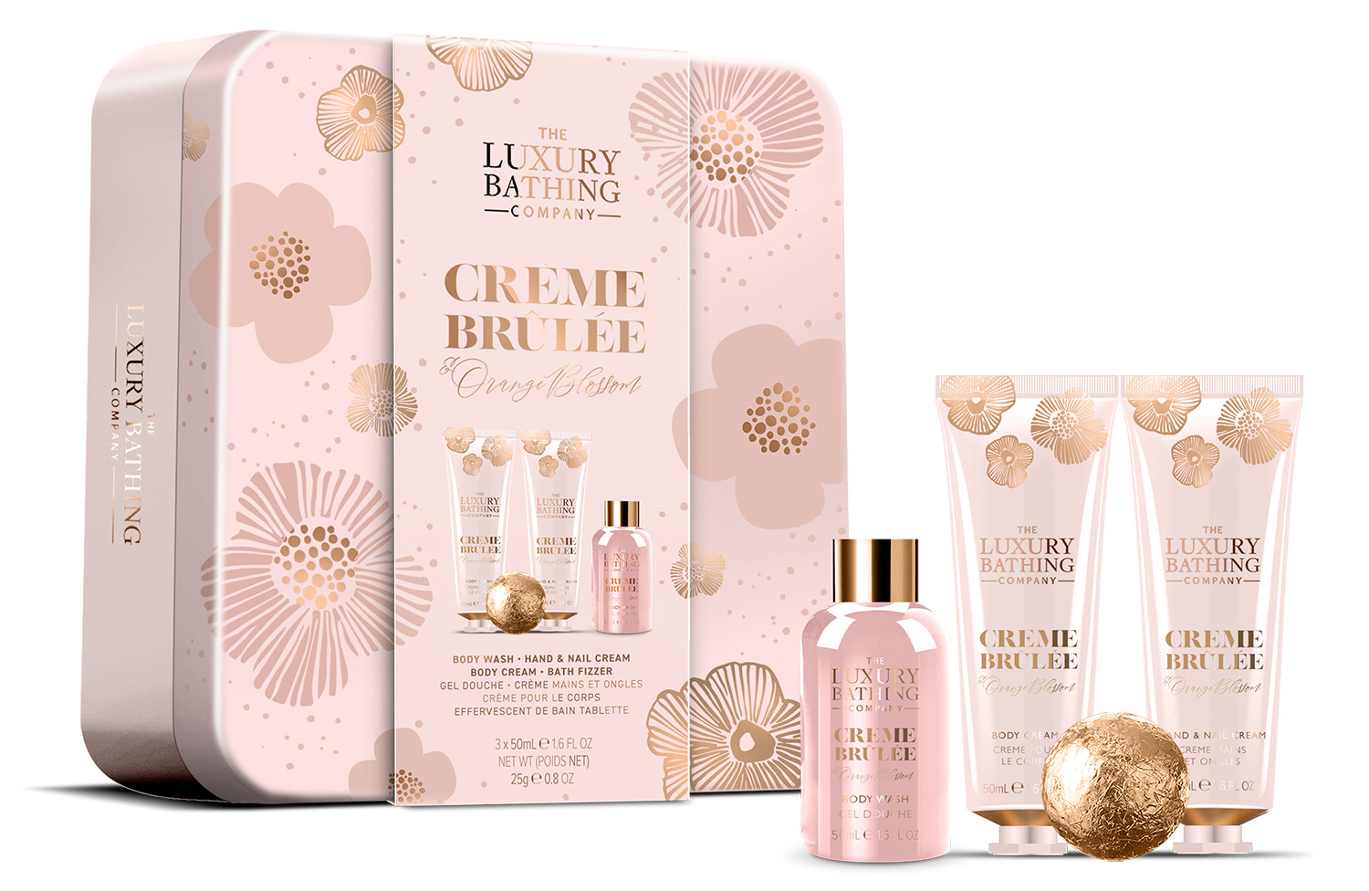 The Luxury Bathing Company Darčeková sada starostlivosti o telo v plechovej dóze Creme brulée, Pomarančový kvet & Vanilka 4 ks