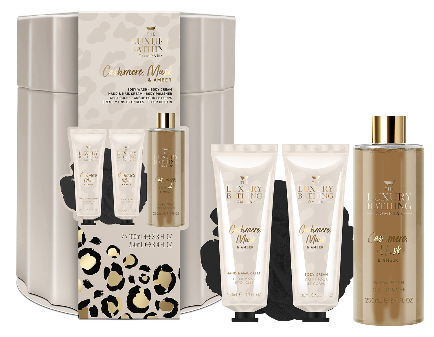 The Luxury Bathing Company Darčeková sada starostlivosti o telo v plechovej dóze Kašmír, Mošus & Ambra 4 ks