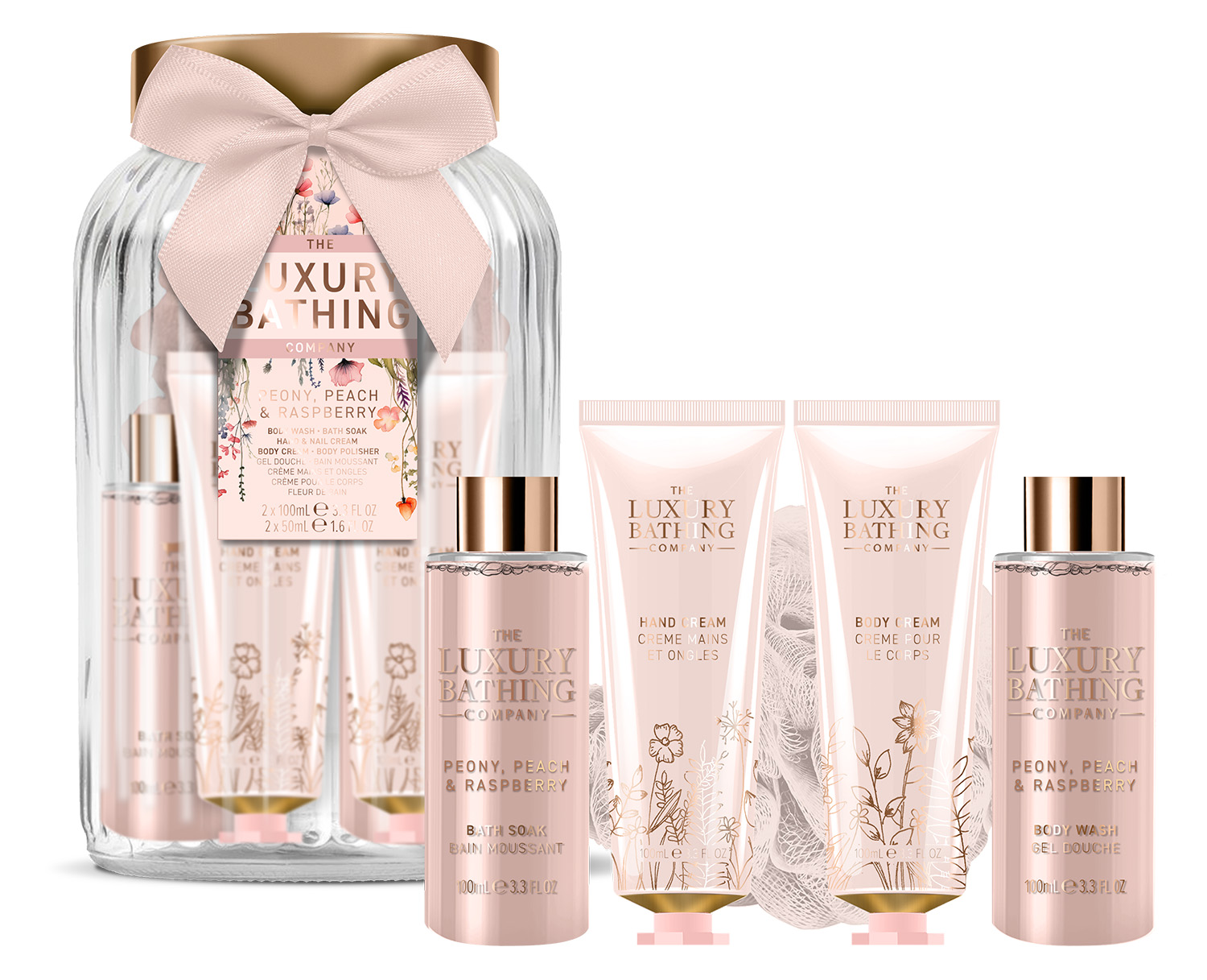 The Luxury Bathing Company Darčeková sada v sklenenej dóze Pivonka, Broskyňa & Malina 5 ks