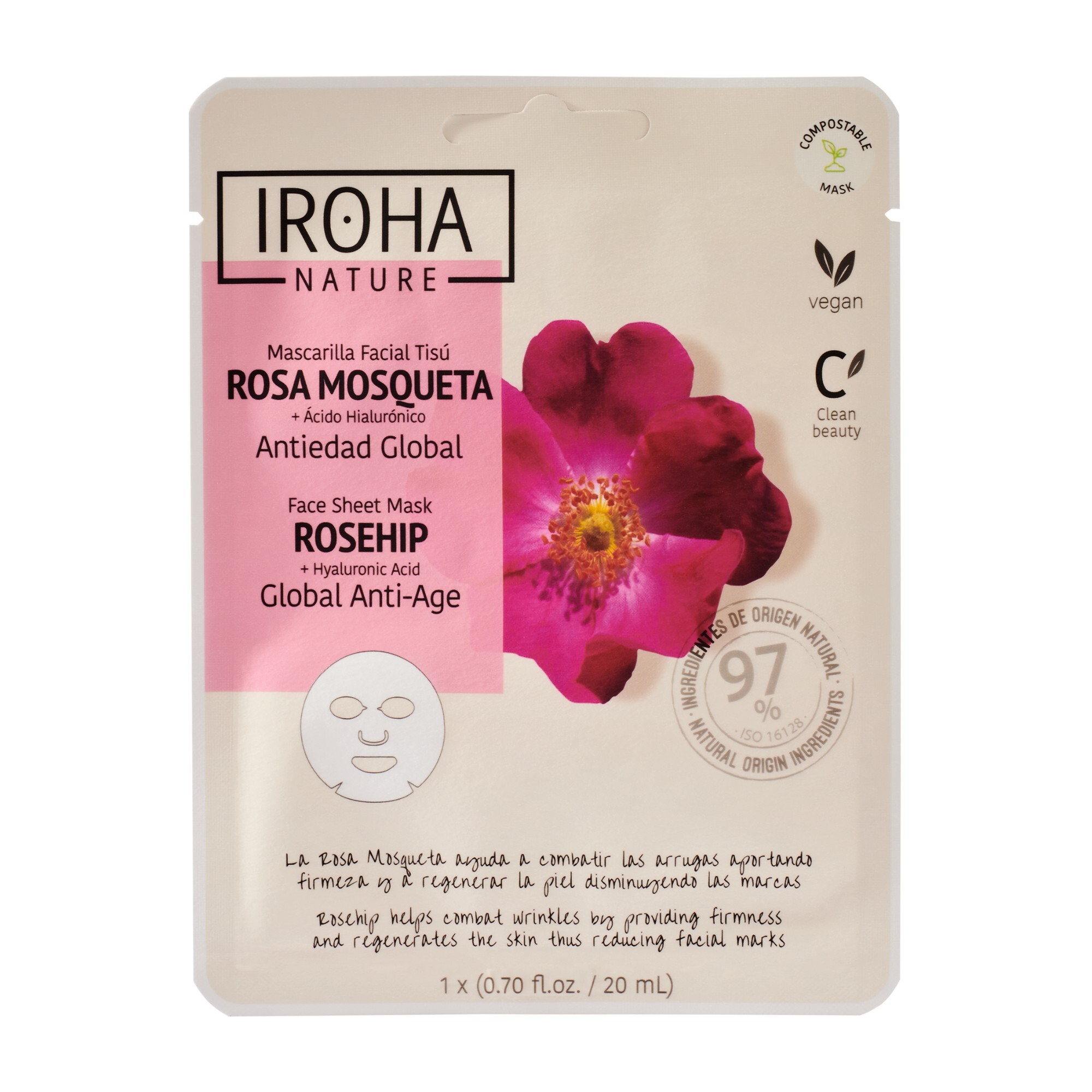 Iroha Mască facială anti-aging Anti-Age Rosehip Face Sheet Mask 20 ml