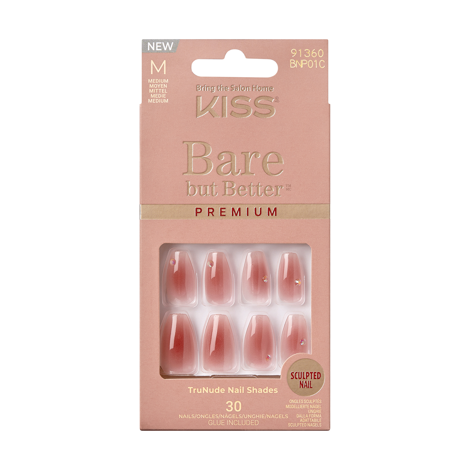 KISS Nalepovací nehty Bare-But-Better Premium Nails - Shine 30 ks