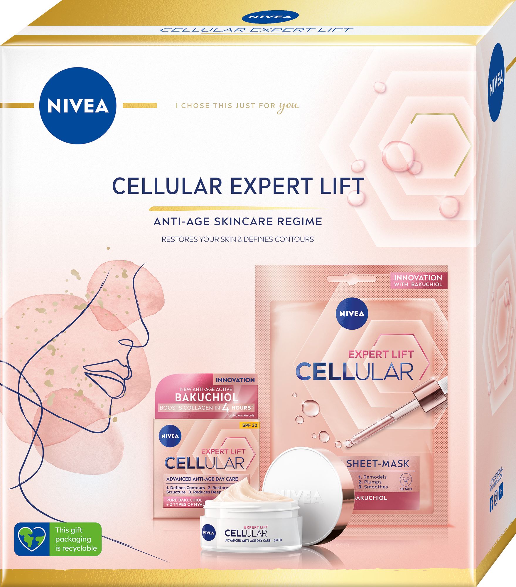 Nivea Cellular Expert Lift darčeková kazeta denný pleťový krém Cellular Expert Lift 50 ml + textilná pleťová maska Cellular Expert Lift 1 ks