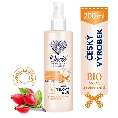 Zobrazit detail výrobku Onclé Luxusní dětský vyživující tělový olej do koupele a po koupeli s Bio šípkovým olejem 200 ml