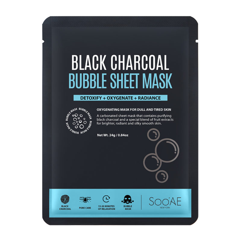 SOO`AE Plátýnková Maska s aktivním uhlím Black Charcoal (Bubble Sheet Mask) 24 g