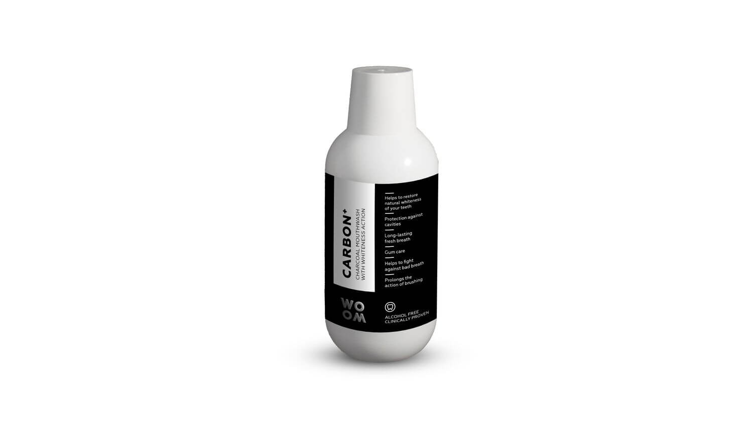 WOOM Ústní voda CARBON+ s černým uhlím s bělicím účinkem (Charcoal Mouthwash with Whiteness Action) 500 ml