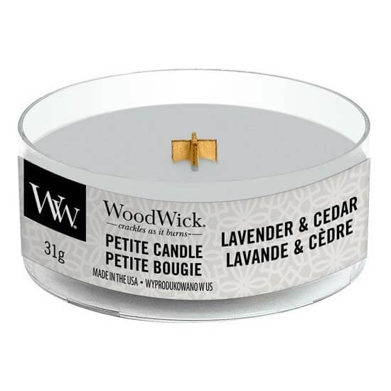 WoodWick Aromatická malá svíčka s dřevěným knotem Lavender & Cedar 31 g
