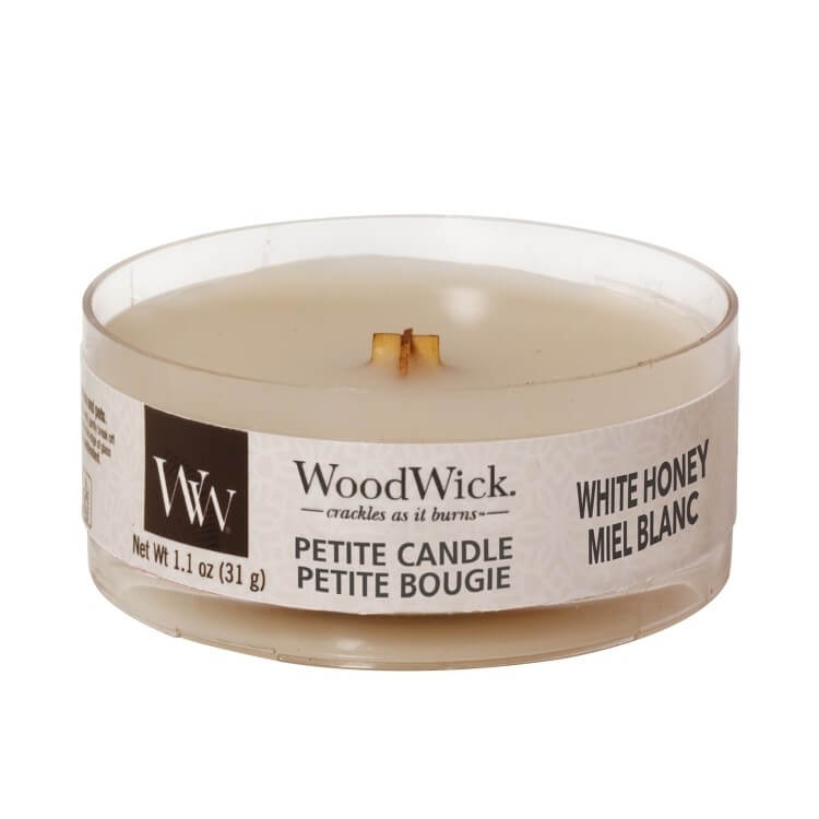 WoodWick Aromatická malá svíčka s dřevěným knotem White Honey 31 g