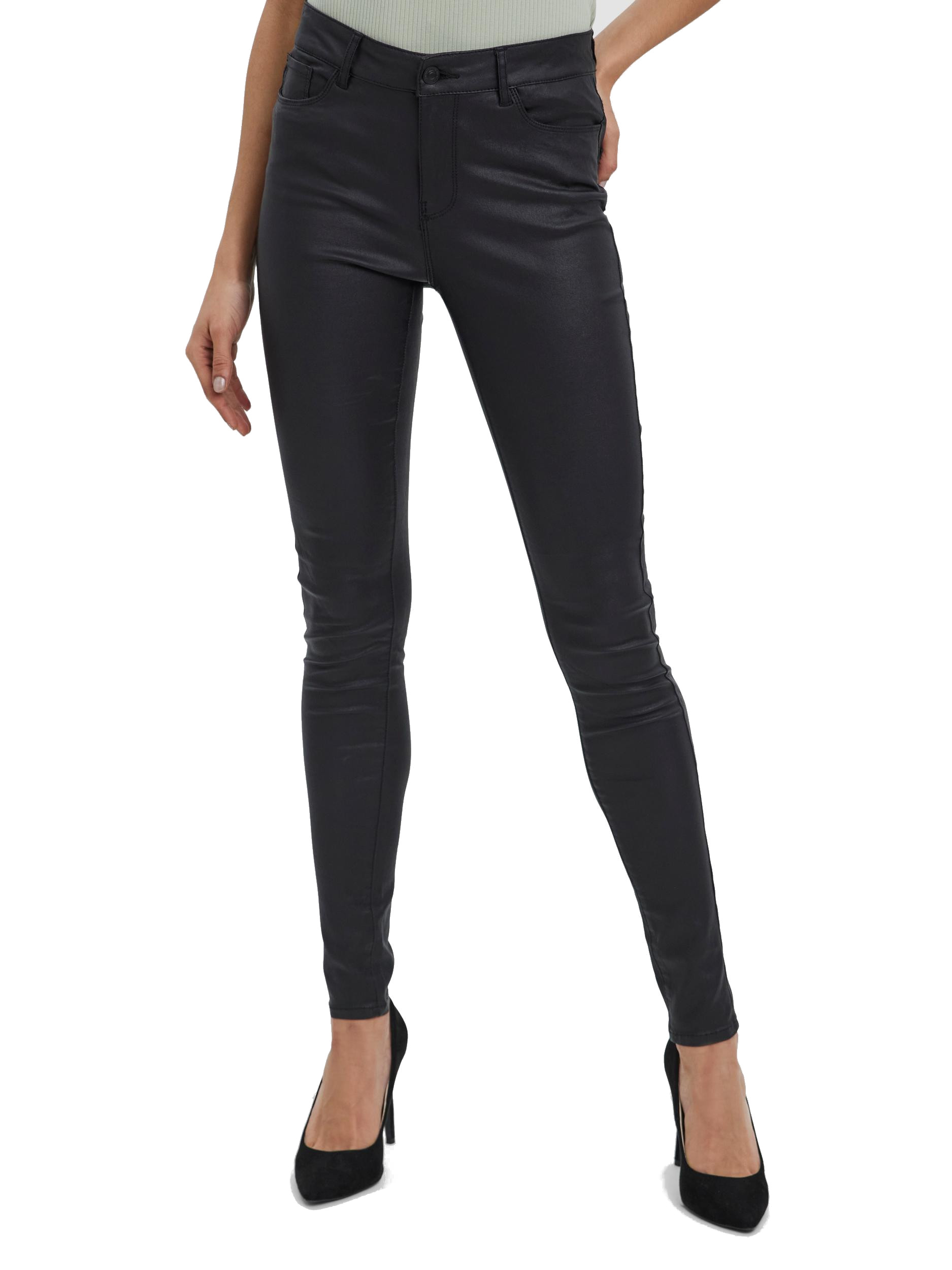 Vero Moda Dámské kalhoty VMSEVEN Slim Fit 10138972 Black COATED XL/32