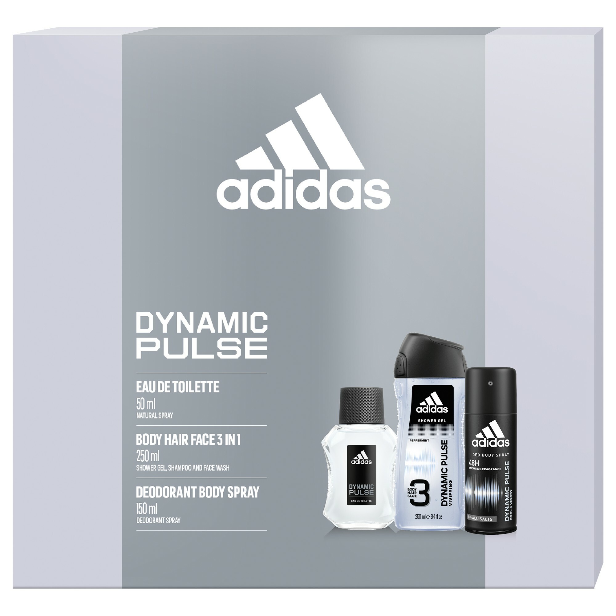 Adidas Dynamic Pulse - toaletní voda s rozprašovačem 50 ml + deodorant ve spreji 150 ml + sprchový gel 250 ml