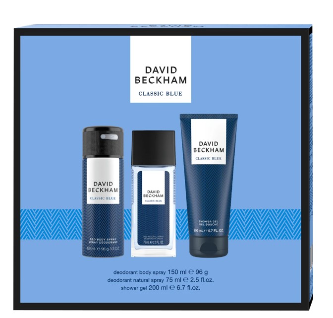 Levně David Beckham Classic Blue - deodorant s rozprašovačem 75 ml + sprchový gel 200 ml + deodorant ve spreji 150 ml