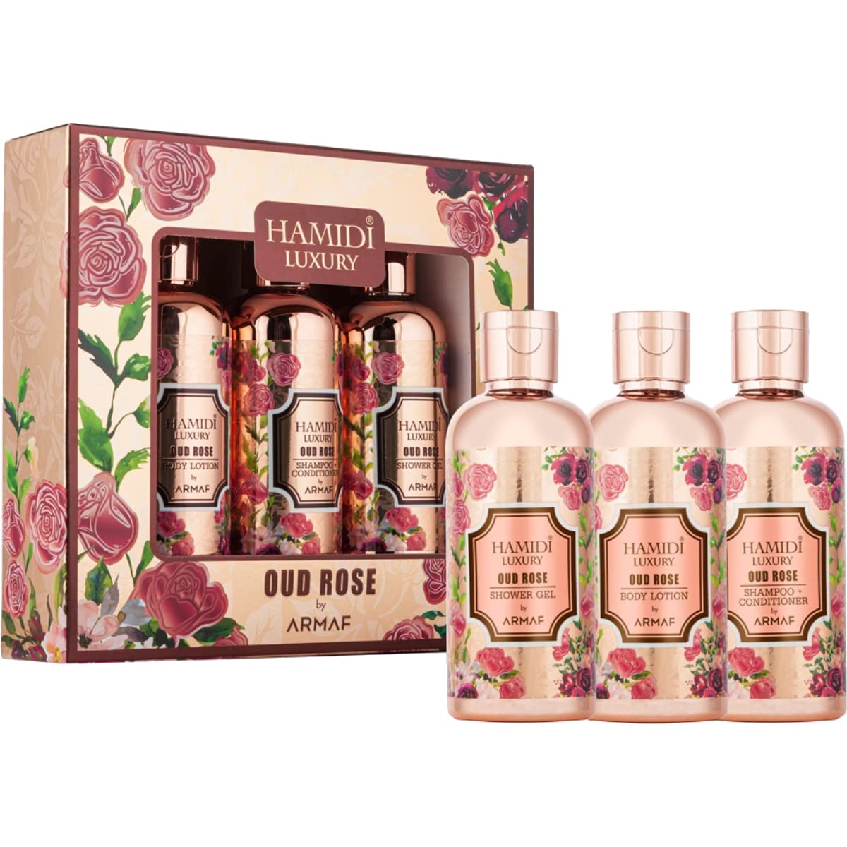 Levně Hamidi Luxury Oud Rose - sprchový gel 95 ml + tělové mléko 95 ml + šampon a kondicionér (2v1) 95 ml