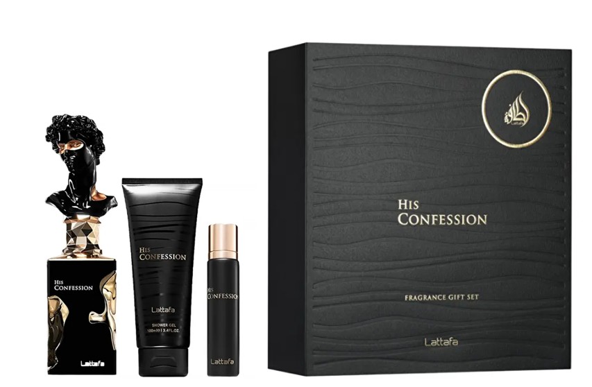 Lattafa His Confession - EDP 100 ml + gel de duș 100 ml + EDP 12 ml