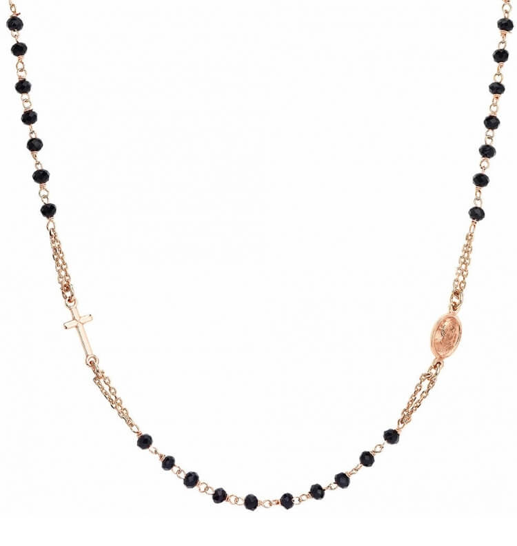 Amen Nadčasový pozlacený náhrdelník s černými krystaly Rosary CRORN3