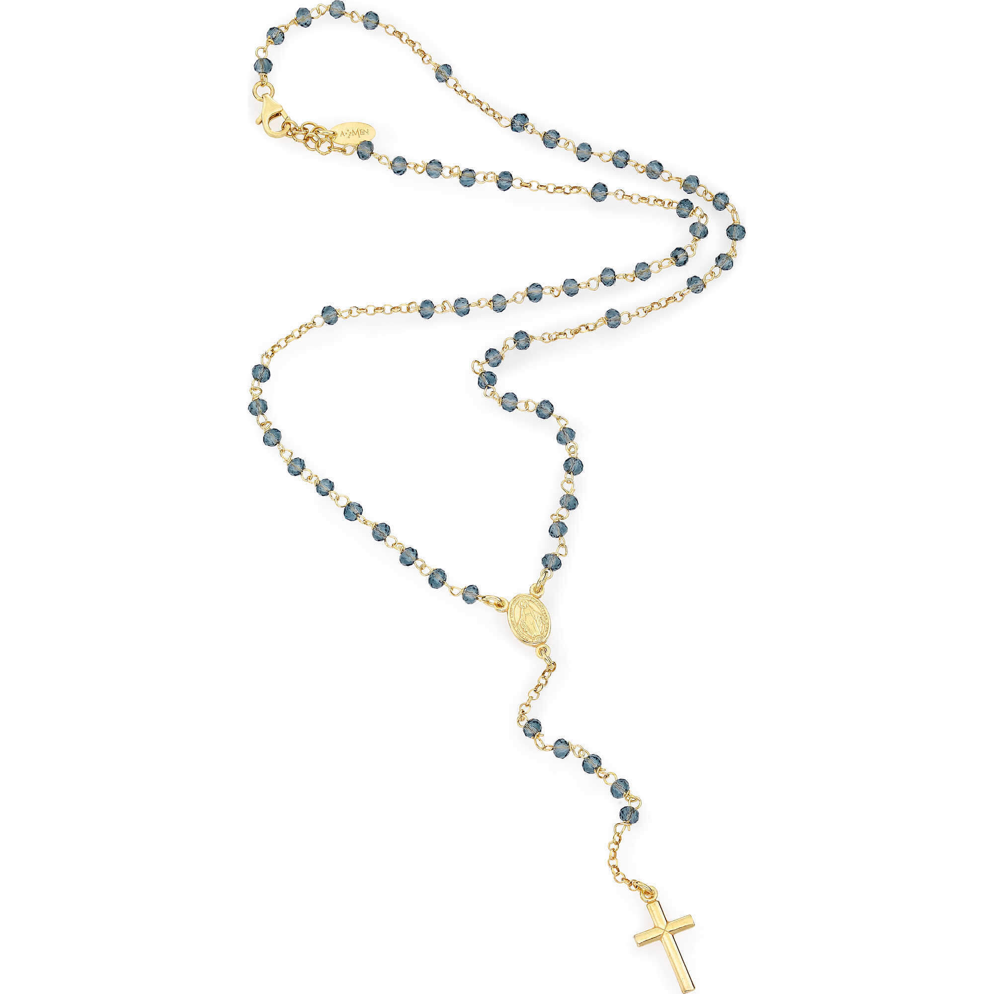 Amen -  Originální pozlacený růženec s modrými krystaly Rosary CROGBL4