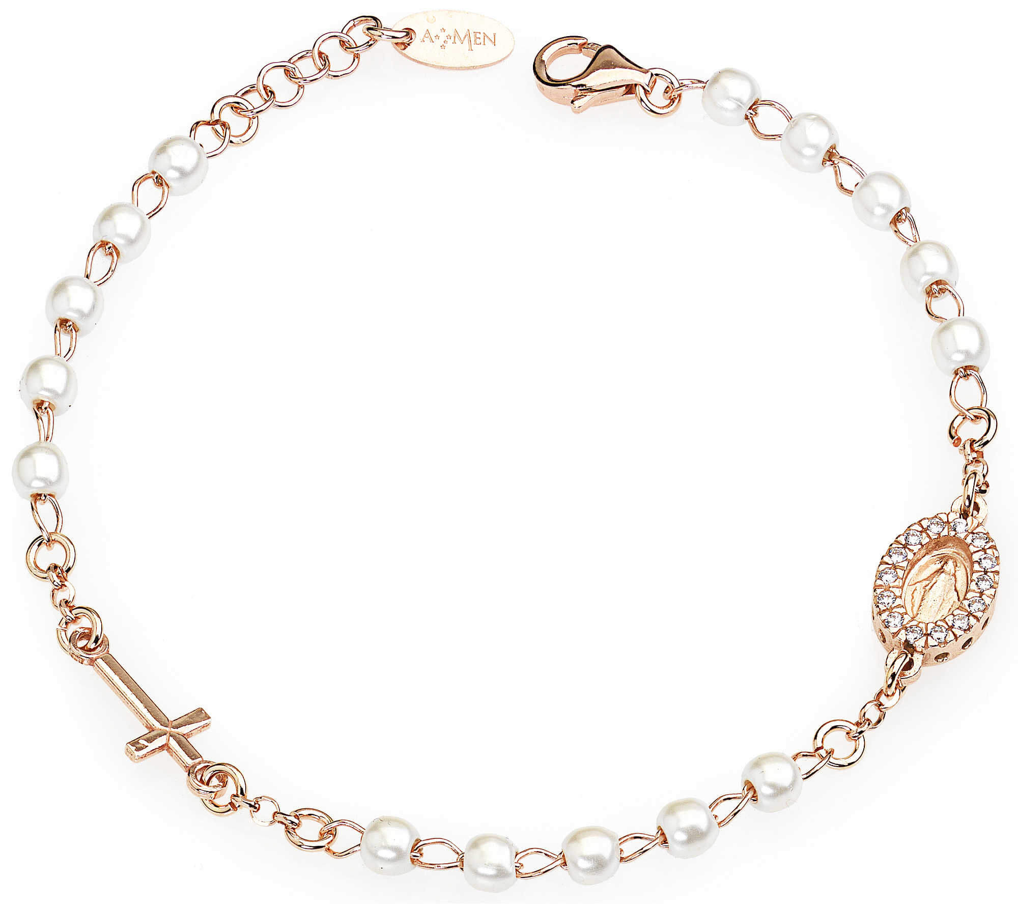 Amen Růžově pozlacený stříbrný náramek s perlami a zirkony Rosary BRORBZ-M3