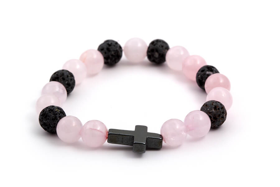 Agato Bracciale di perline in quarzo rosa, pietra lavica ed ematite MINK06/17