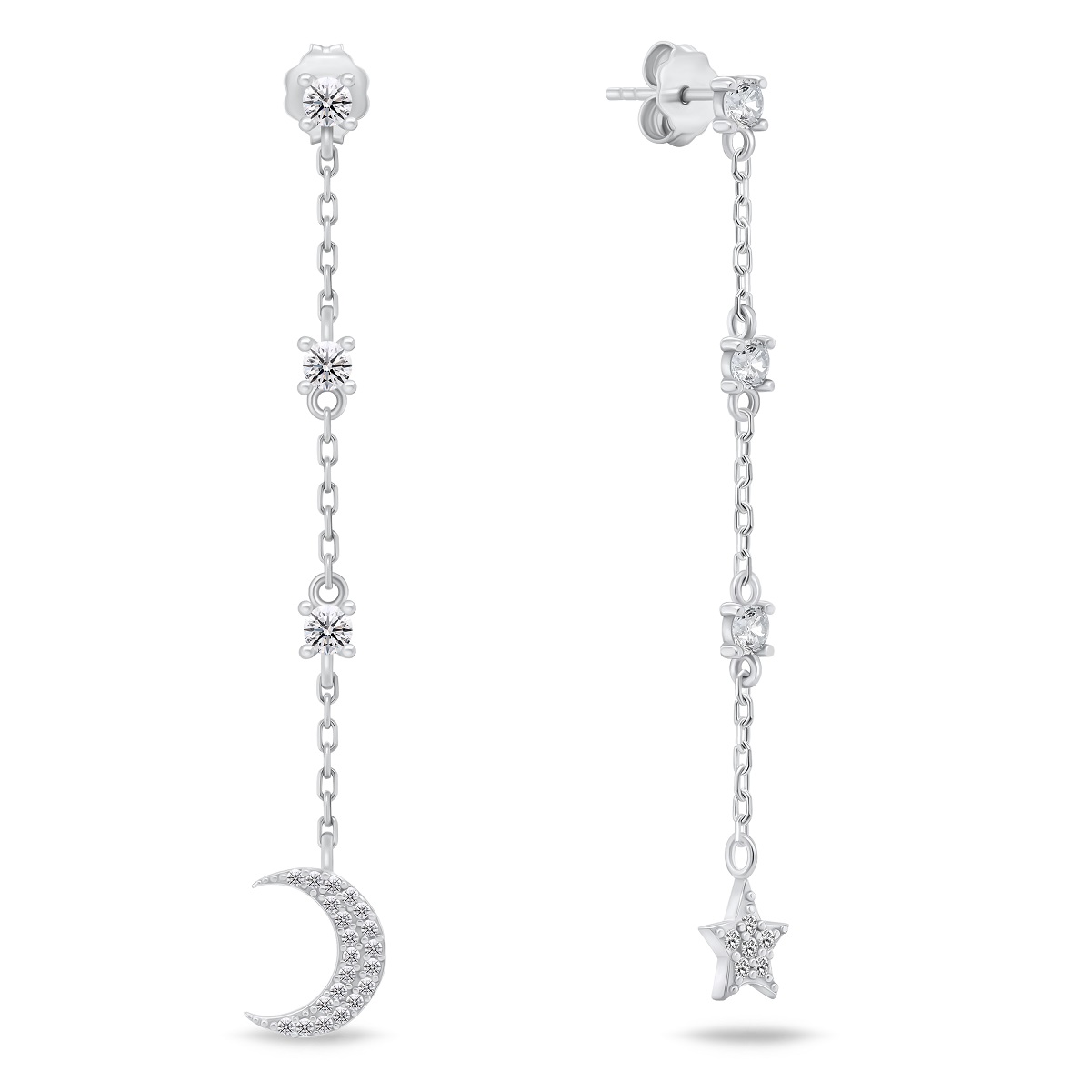 Levně Brilio Silver Dlouhé stříbrné asymetrické náušnice Měsíc a Hvězda se zirkony EA832W