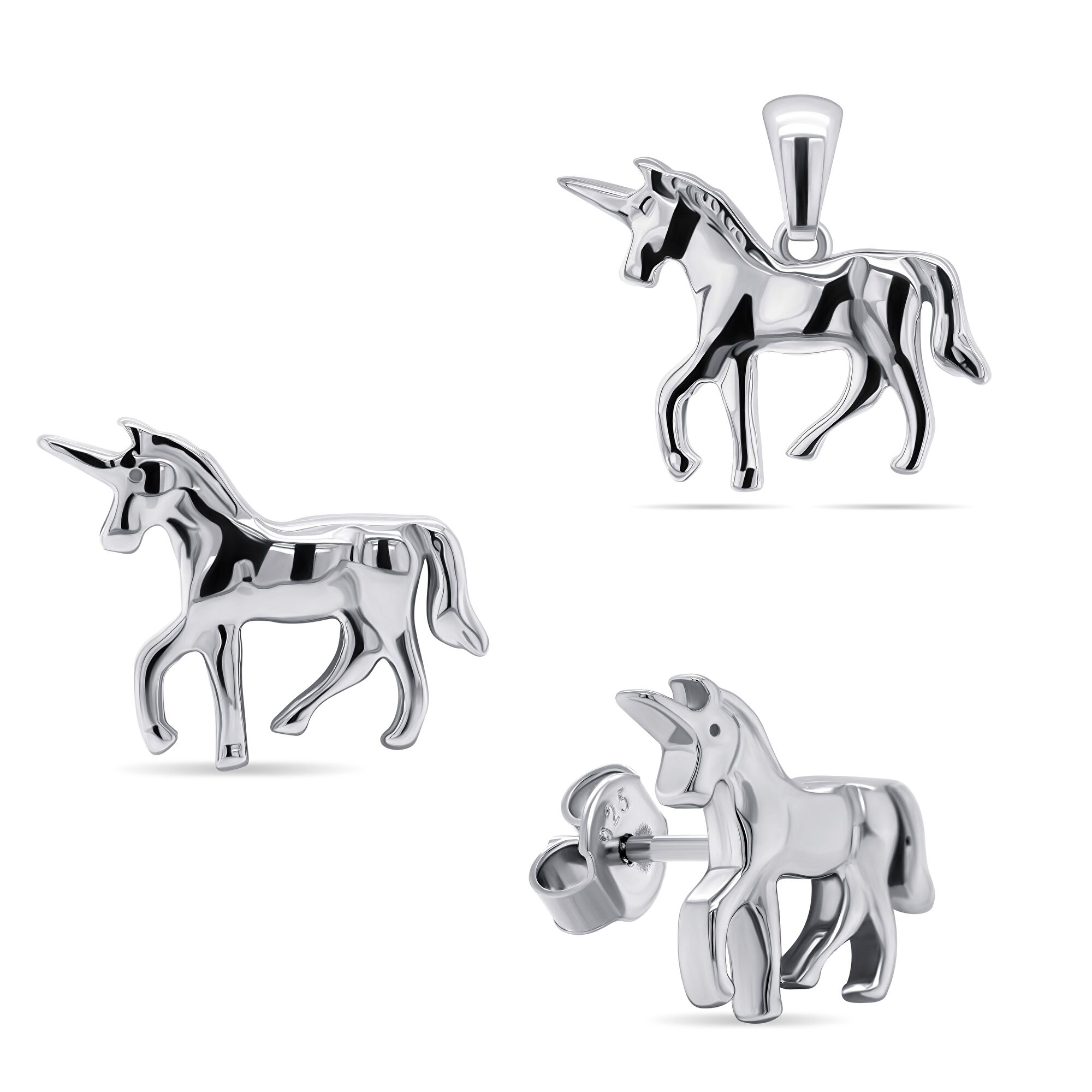 Brilio Silver Hravý stříbrný set šperků Jednorožec SET216W (přívěsek, náušnice)