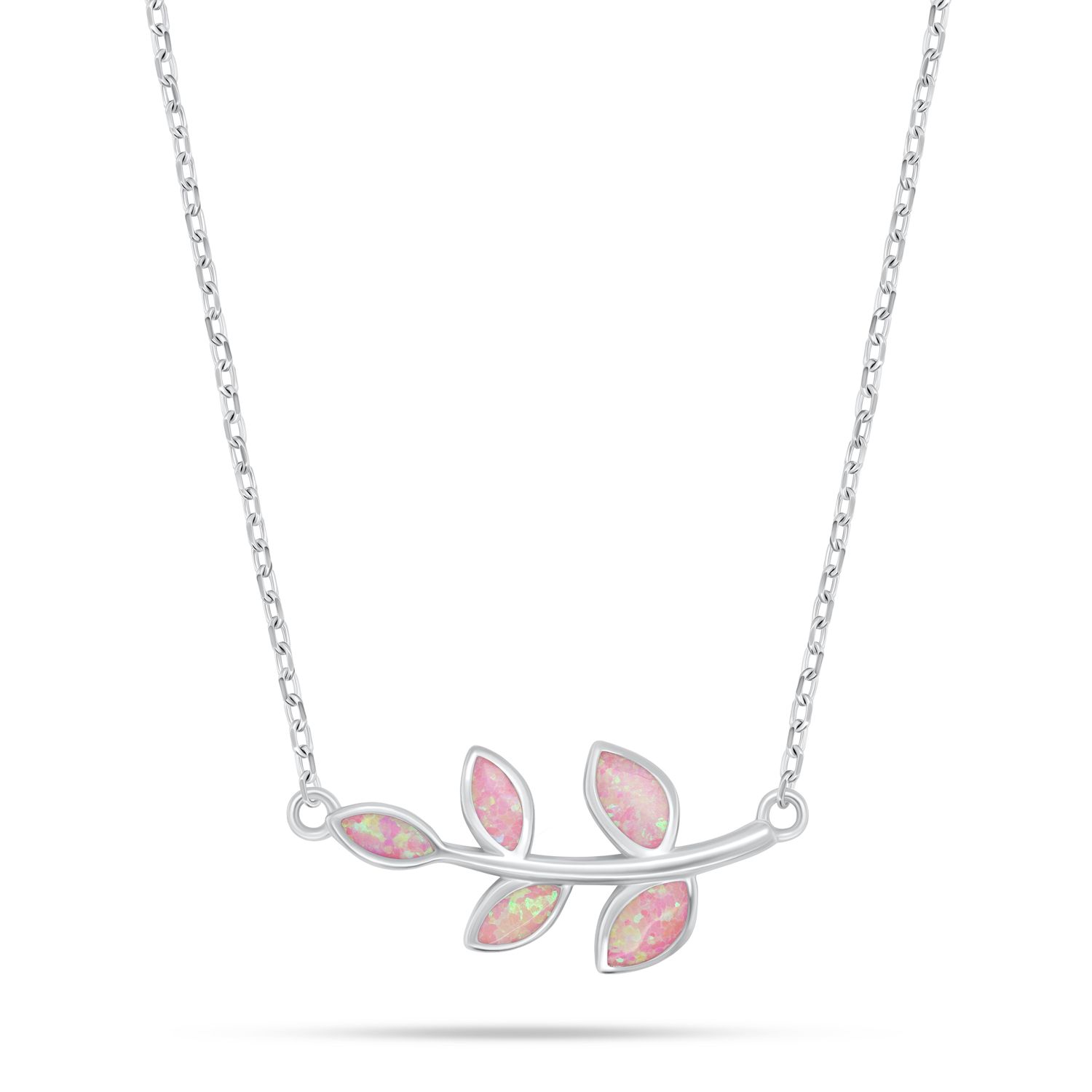 Brilio Silver Slušivý stříbrný náhrdelník lístky s růžovým opálem NCL165WP