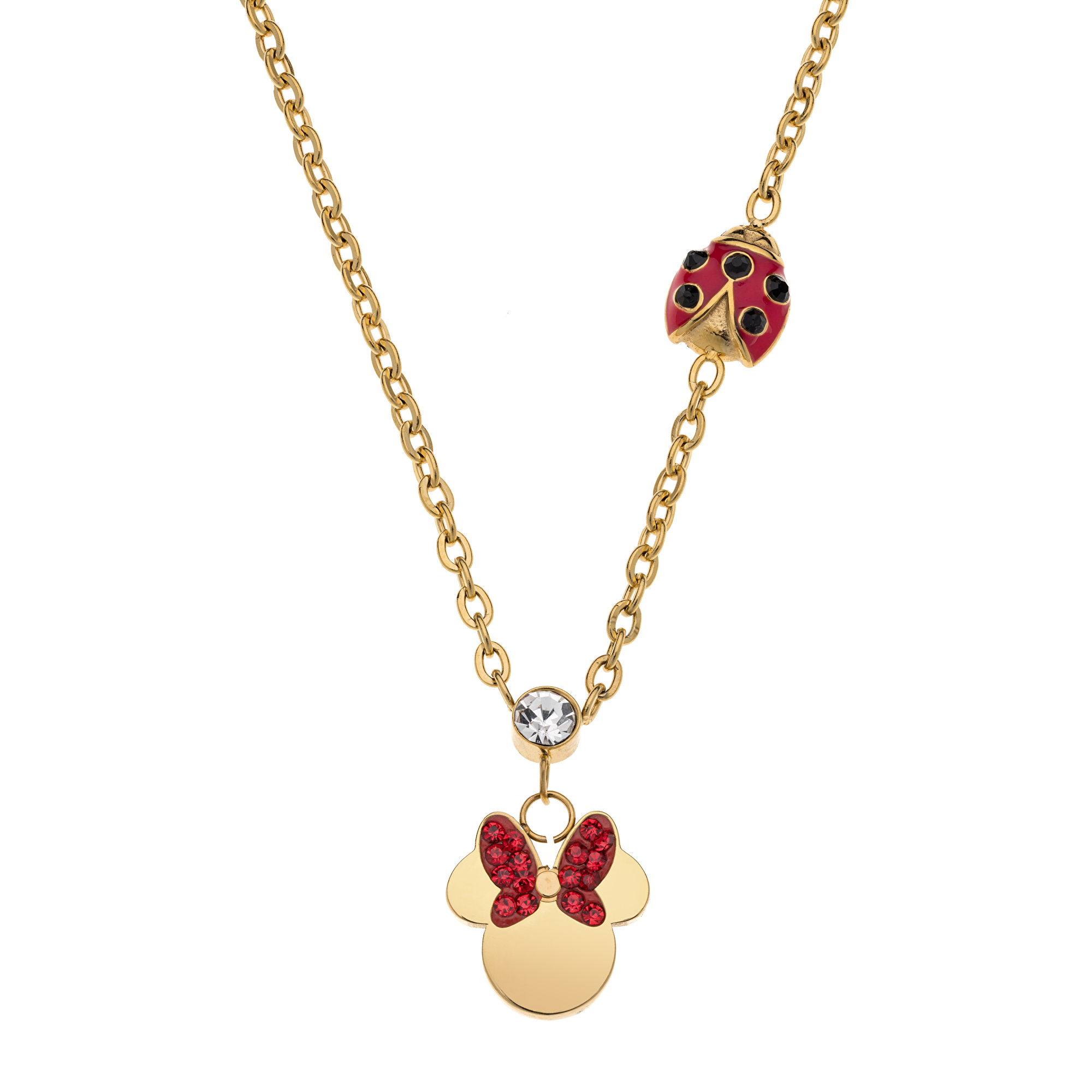 Disney Slušivý pozlátený náhrdelník s príveskami Minnie Mouse N600605YRRL-157.CS