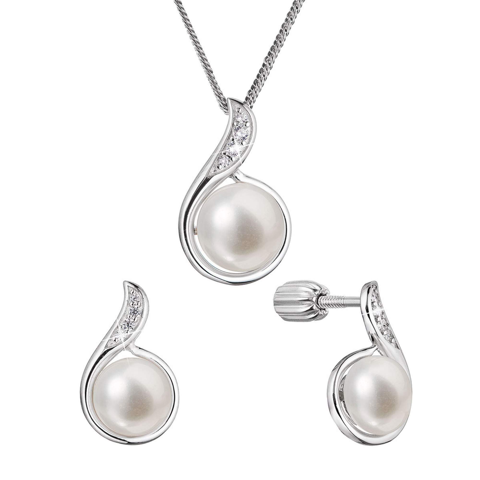 Evolution Group Sada strieborných šperkov so zirkónmi a pravými perlami 29050.1B (náušnice, retiazka, prívesok)