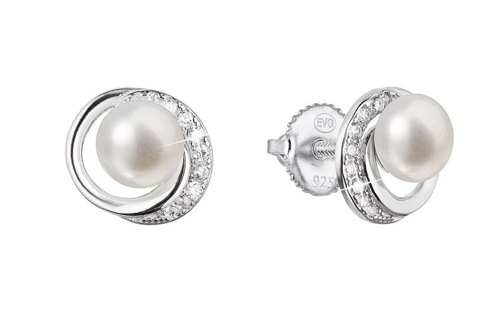 Evolution Group Strieborné náušnice kôstky s guľatou riečnou perlou a zirkónmi 21098.1S