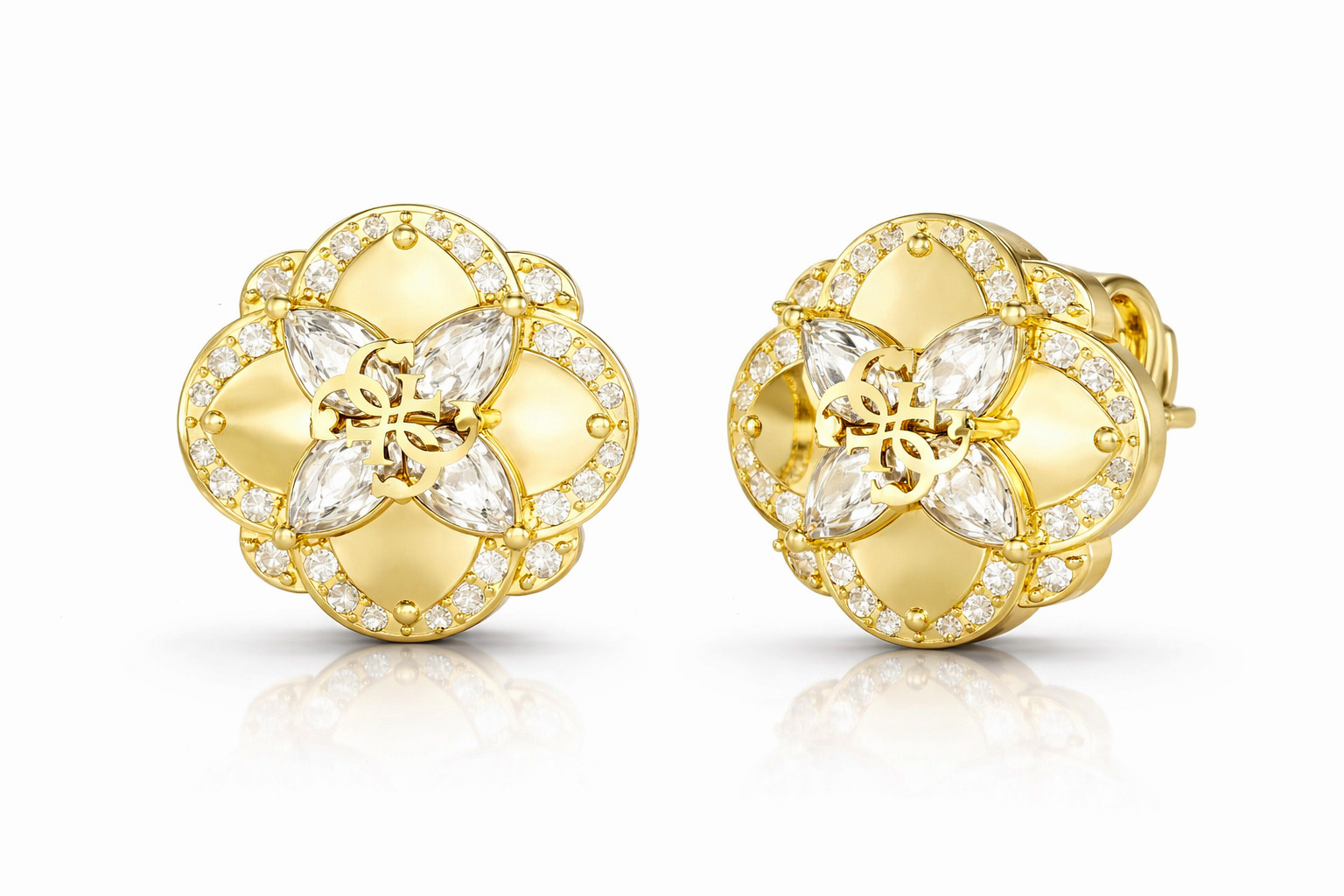 Guess Pozlátené kôstkové náušnice so zirkónmi Wild Flower JUBE05504JWYGT/U