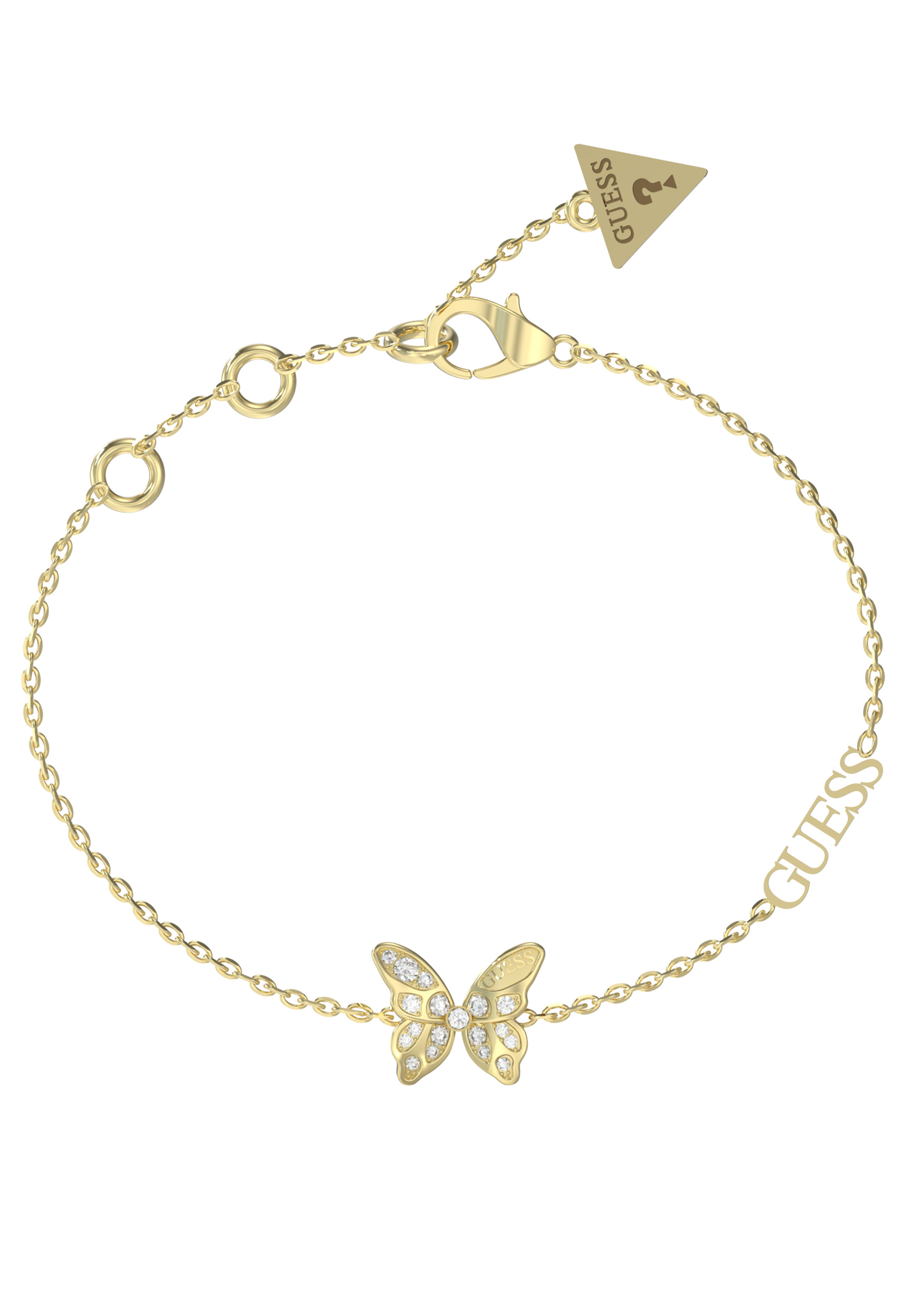 Levně Guess Slušivý pozlacený náramek s motýlkem Chrysalis JUBB04110JWYG 18,5 cm