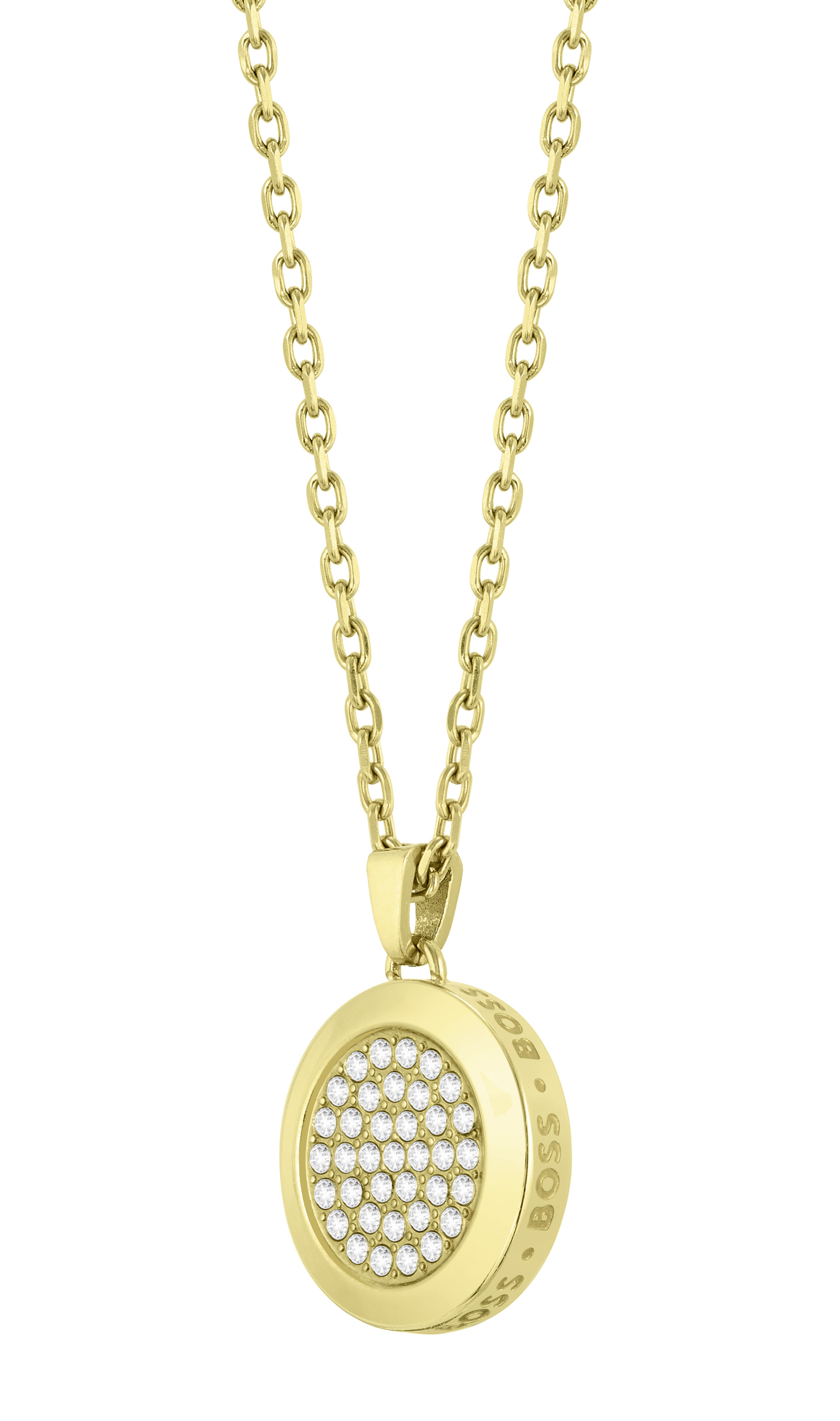 Hugo Boss Oslnivý pozlátený náhrdelník s kryštálmi Medallion 1580300