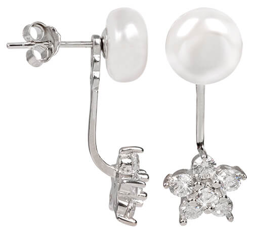 JwL Luxury Pearls Stříbrné dvojnáušnice s pravou bílou perlou a zirkonovou kytičkou 2v1 JL0281
