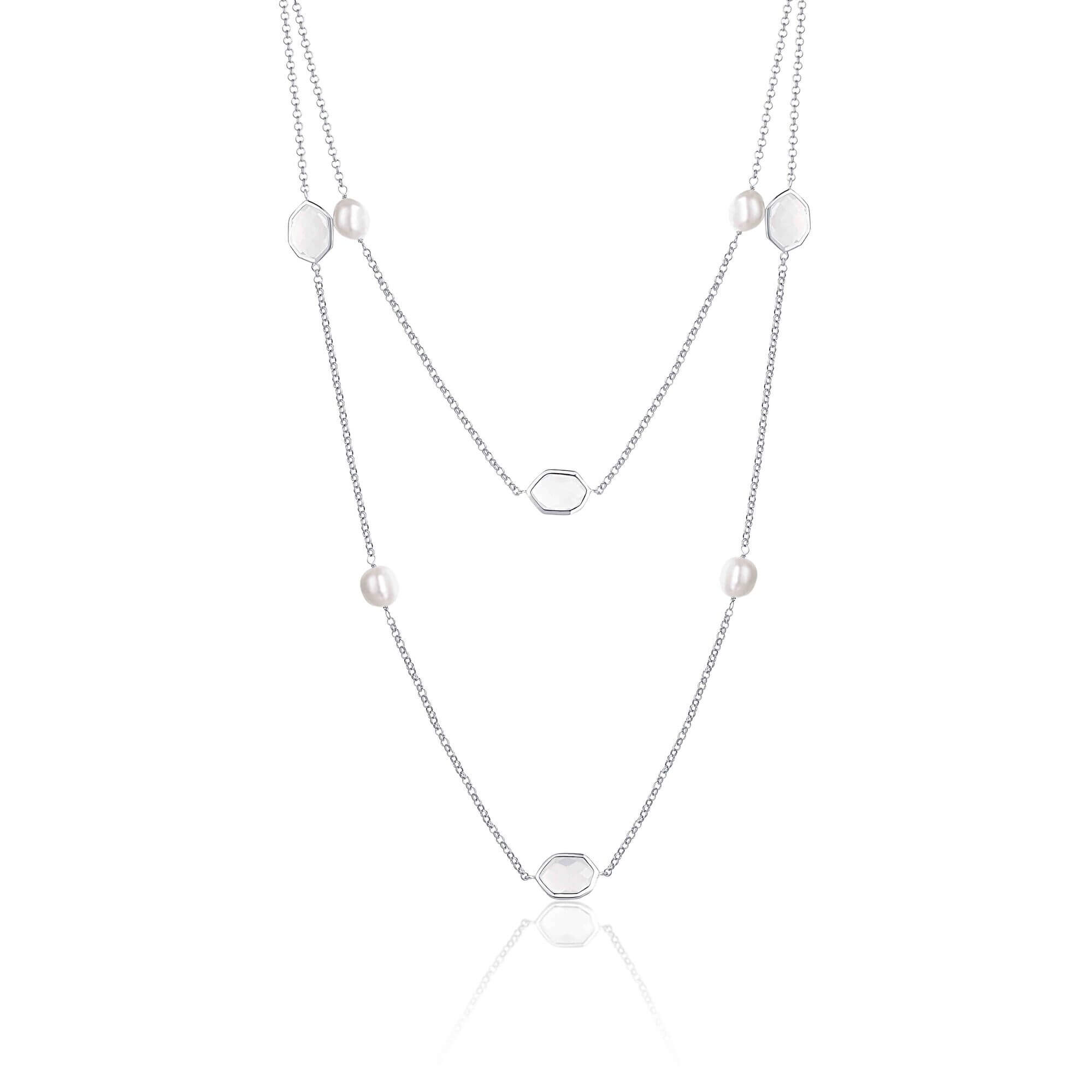 JwL Luxury Pearls Dlhý perlový náhrdelník s hexagon kryštálmi JL0600