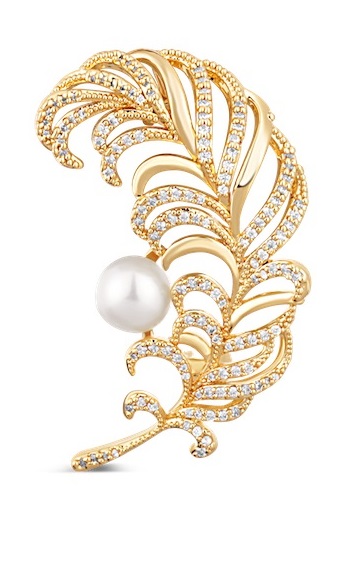 JwL Luxury Pearls Krásna pozlátená brošňa v tvare pierka JL0731