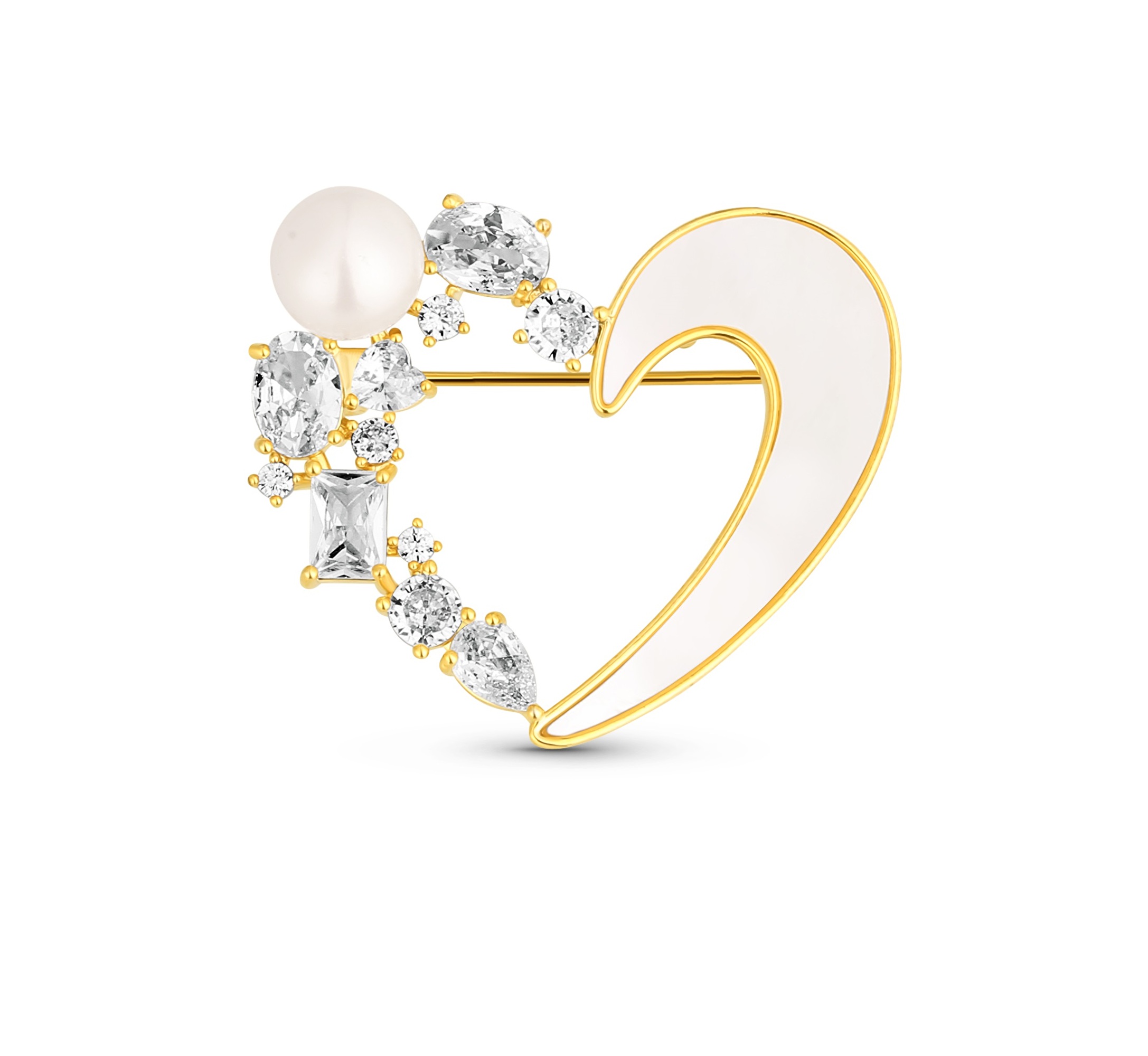 Levně JwL Luxury Pearls Romantická pozlacená brož 2v1 srdce s krystaly a perletí JL0841