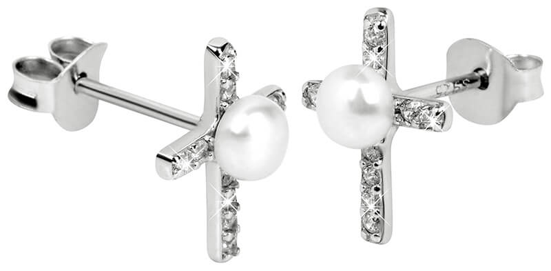 JwL Luxury Pearls Strieborné náušnice Krížik s pravou perlou a zirkónmi JL0368